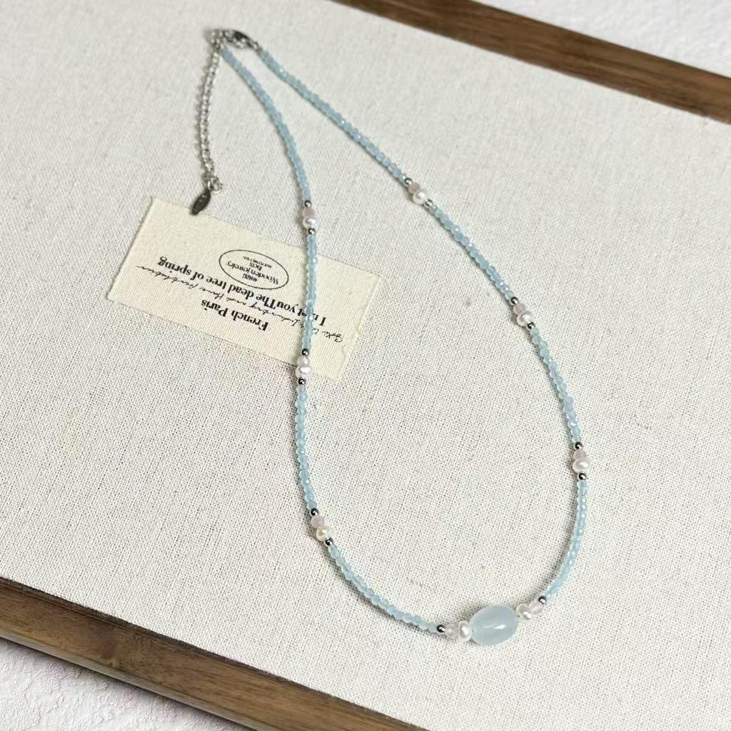 Blue Cat's Eye Freshwater Pearl Necklace - Women's Light Luxury Beaded Clavicle Chain