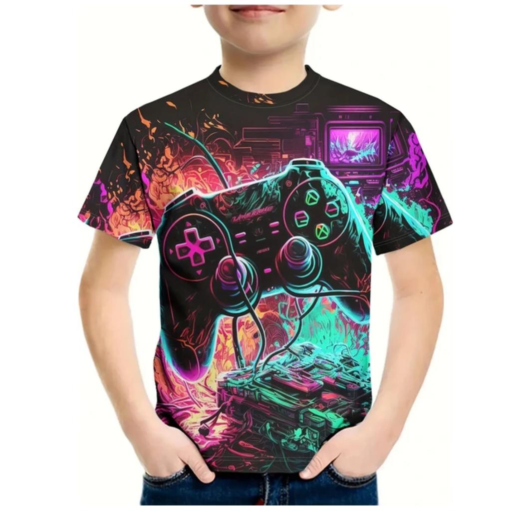 Kids Gamepad With Color Paint 3D Print Boy's T-shirt Crew Neck Short Sleeve T-shirt For Boy Casual Top For Summer Cool T Shirt