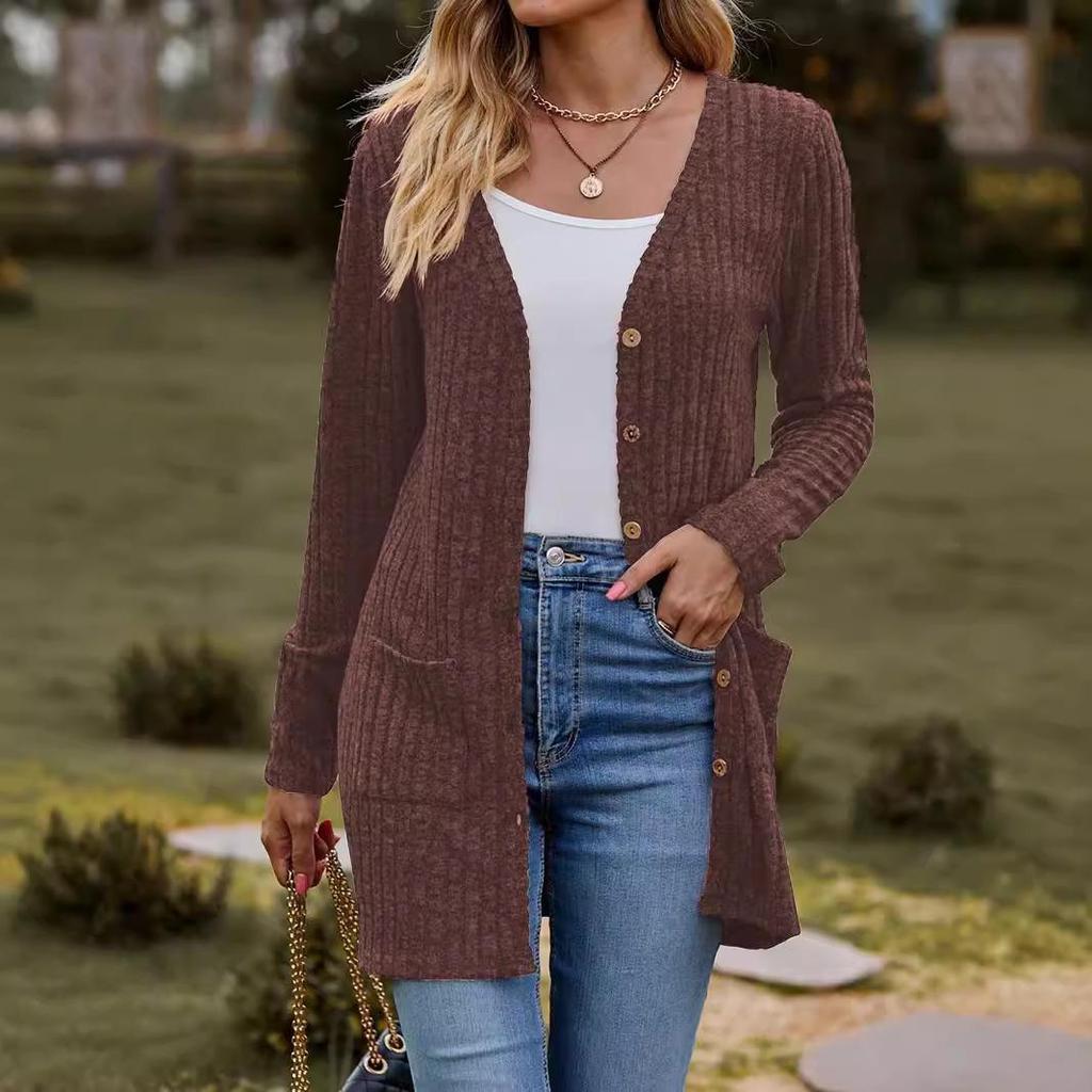 Women's  Solid Color Brushed Striped Cardigan with Buttoned Jacket Design