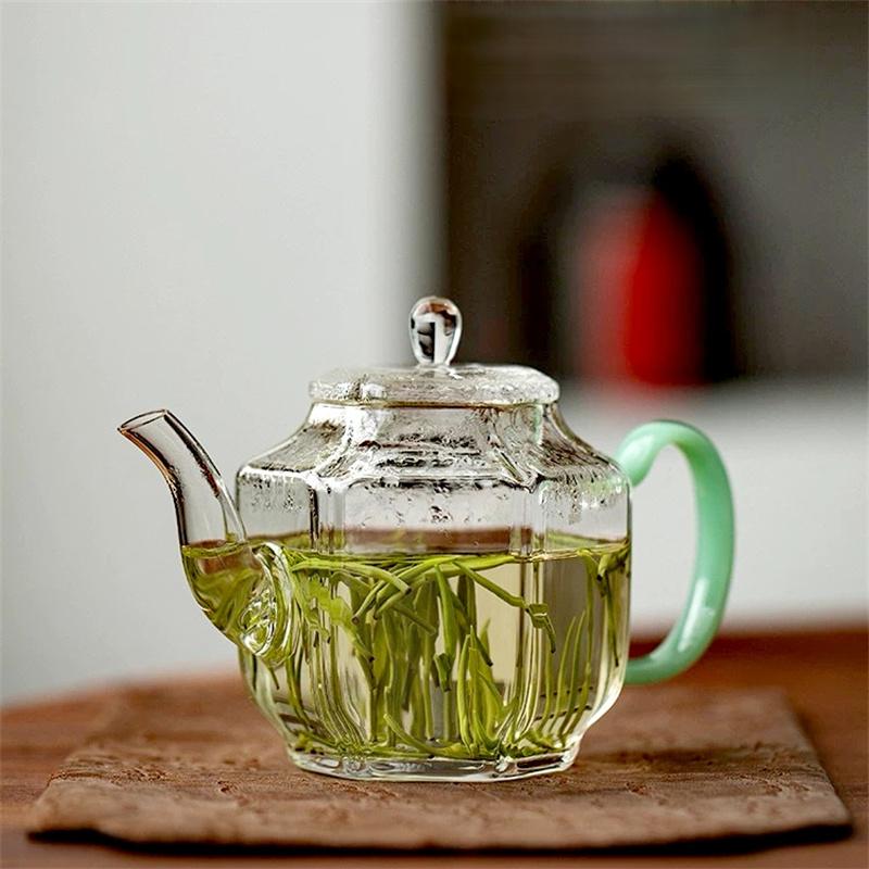 Чайник из стекла с шестиугольной ручкой из искусственного нефрита, термостойкий, небольшой емкости, 210 мл, заварной чайник для зеленого чая, набор для кунг-фу