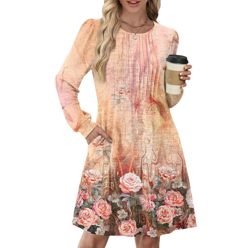 Женское повседневное платье с длинным рукавом, плиссировкой, круглым вырезом, винтажным цветочным принтом и карманами