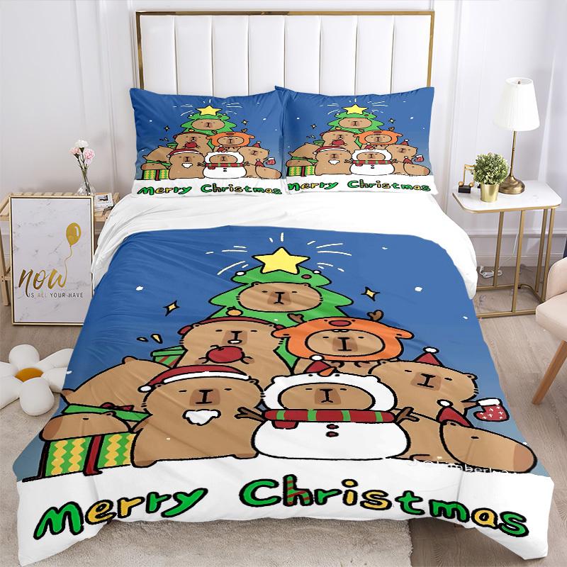 3pcs Christmas Capybara Bedding Set - 1 Duvet Cover + 2 Pillowcases(Core Not Included), Machine Washable Polyester yy251216160