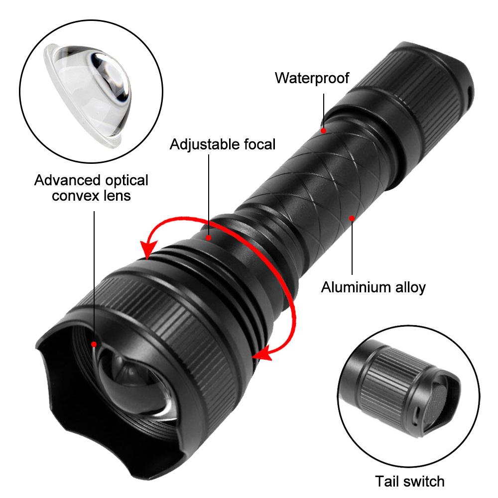 500 Yards Zoomable Flashlight Red/Green/White Hunting Torch 1 Mode High+Remote Pressure Switch+Rifle Scope Mount+18650+Charger