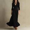 European American Women's Solid Button Lapel 3/4 Sleeve Waisted Midi Dress Casual Party Dress