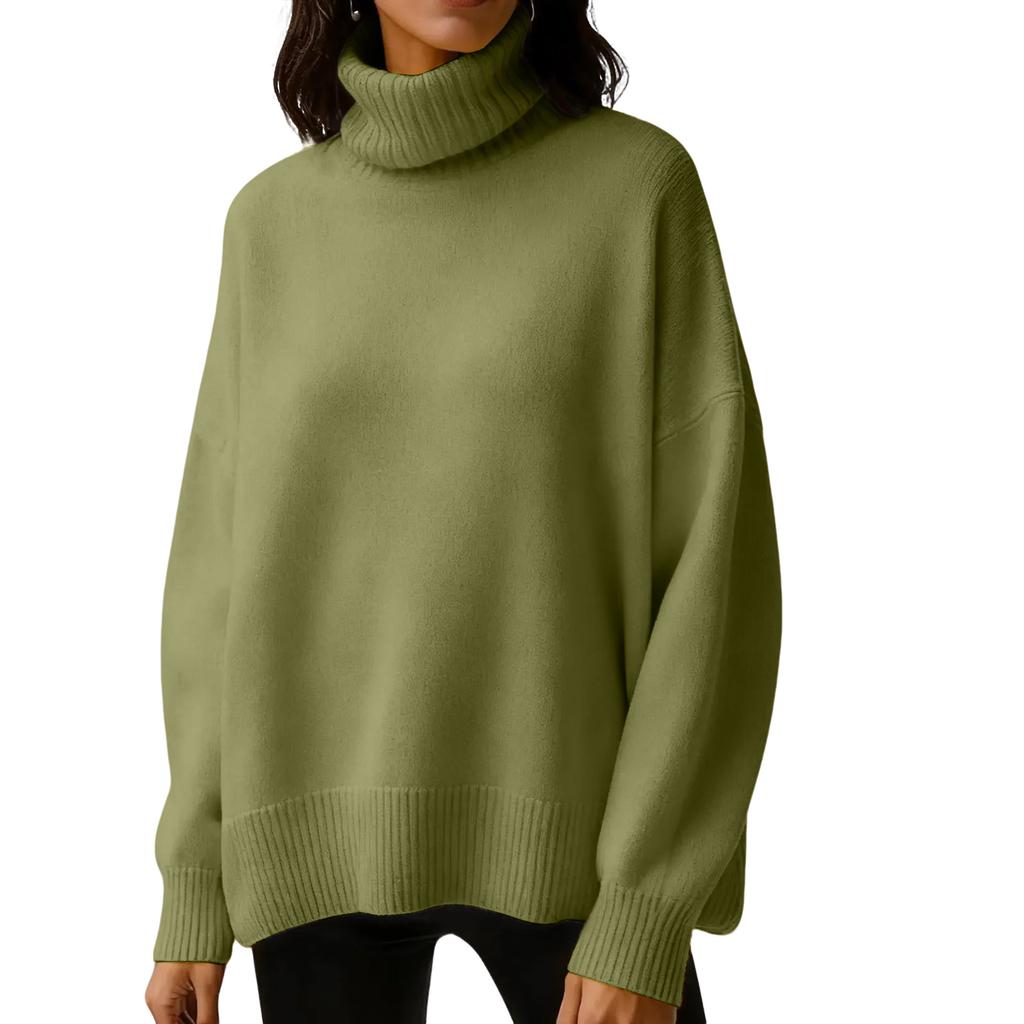 Women's Solid Color High Neck Pullover, Solid Color Loose Knit Sweater