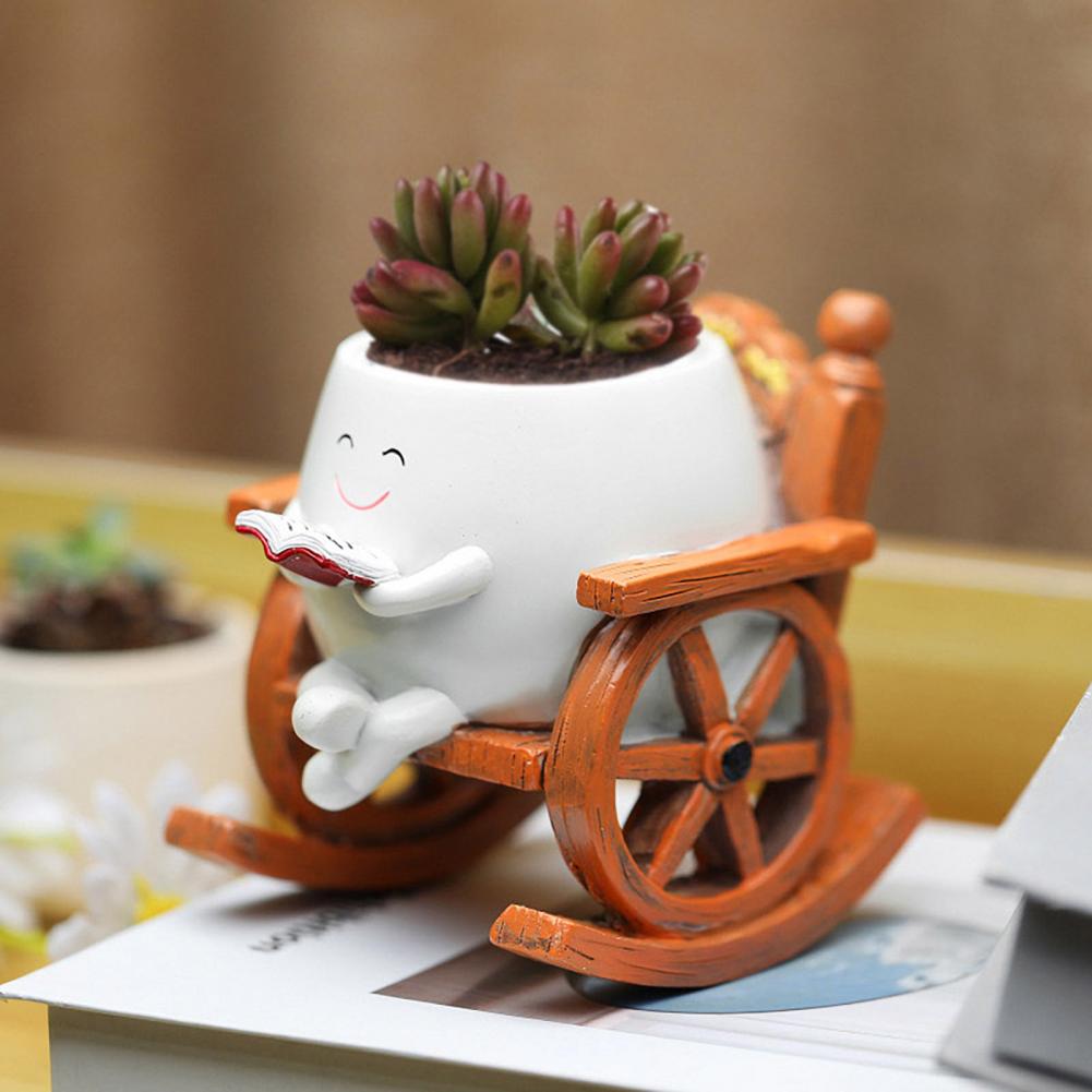 Smile Face Flower Pot Resin Rocking Chair Reading Planter Pot Smiling Succulent Flowerpot Garden Patio Accessories