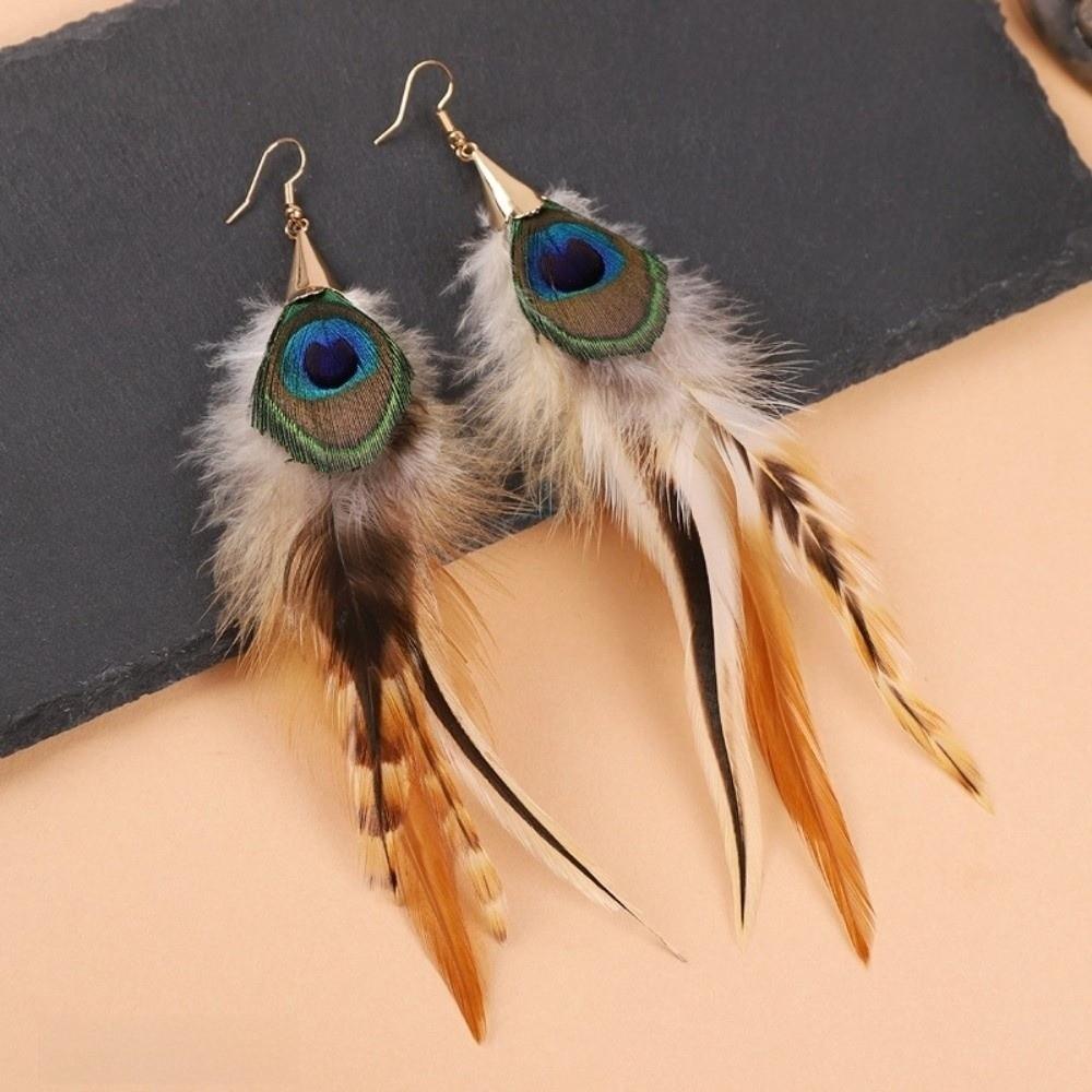 Boho Long Tassel Feather Earrings Hanging Peacock Tassel Earrings Bride