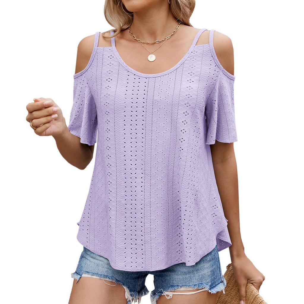 Женская мода однотонный ажурный короткий рукав круглый вырез повседневный пуловер футболка топ