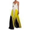 Summer European and American women's clothing wish digital printing slim and thin long color matching pleated suspender dress
