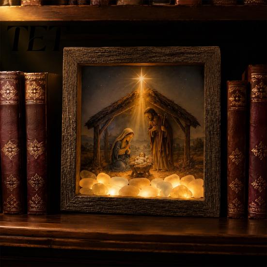Christian Wall Art Decor Coastal Lighthouse Sea Glass Shadow Box Night Light, LED Nativity Scene for Mounted Wooden Frame Decor, Faith Religious Home