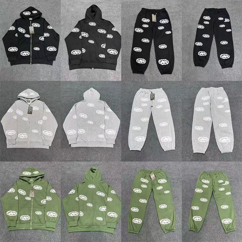 Mens Casual Tracksuit Set Long Sleeve Zip-Up Hooded Jacket Sweatpants Streetwear Floral Print Fleece Lined Sportswear