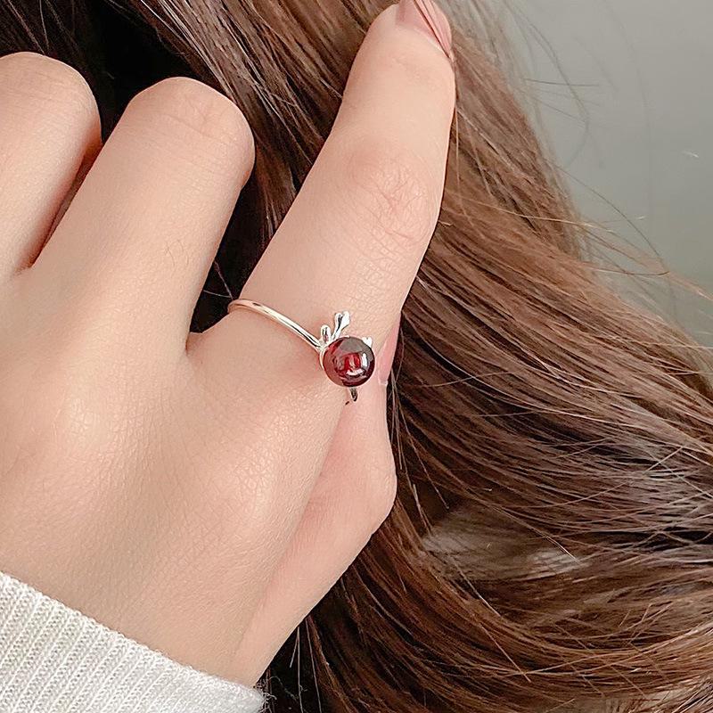 Кольцо Banyan Tree S925 Silver Garnet с рогом оленя - Милое открытое рождественское украшение для женщин