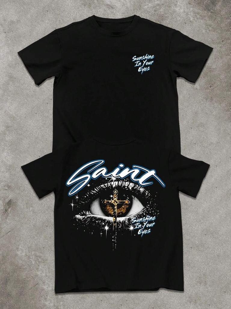 2026 Unisexfinity EMRG Plus Size Unisexs Black TShirt with Saint Letter and Eye Print Streetwear Style Suitable for Daily Wear