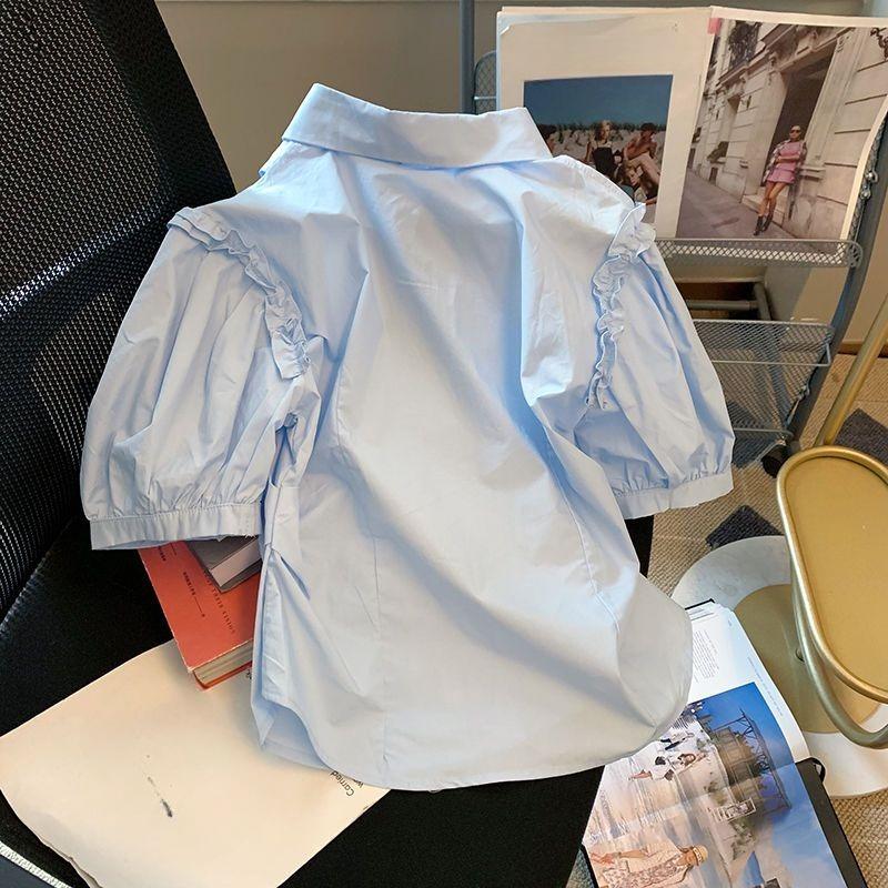 Синяя женская рубашка с открытыми плечами, однобортная, с трехмерным цветочным принтом, с короткими рукавами, стильный дизайн, женская одежда