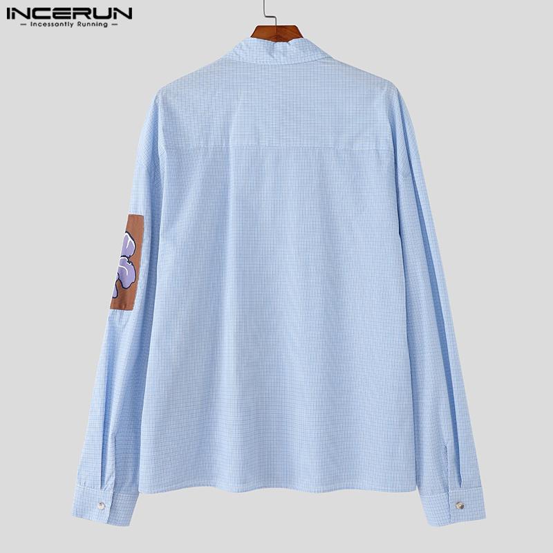 INCERUN Мужские рубашки оверсайз с лацканами, длинным рукавом, цветочным принтом и клеткой, повседневные топы