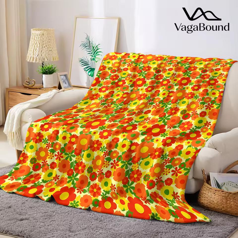 Retro Orange Daisy Flannel Blanket Warm Soft Halloween Christmas Decorative Couch Warm Cozy All-Season Gift