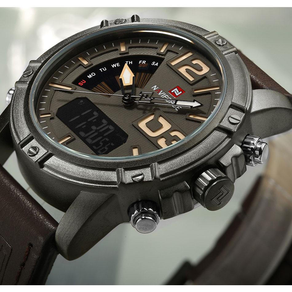 Naviforce Мужские повседневные коричневые кожаные спортивные часы, модные цифровые кварцевые наручные часы с двойным дисплеем