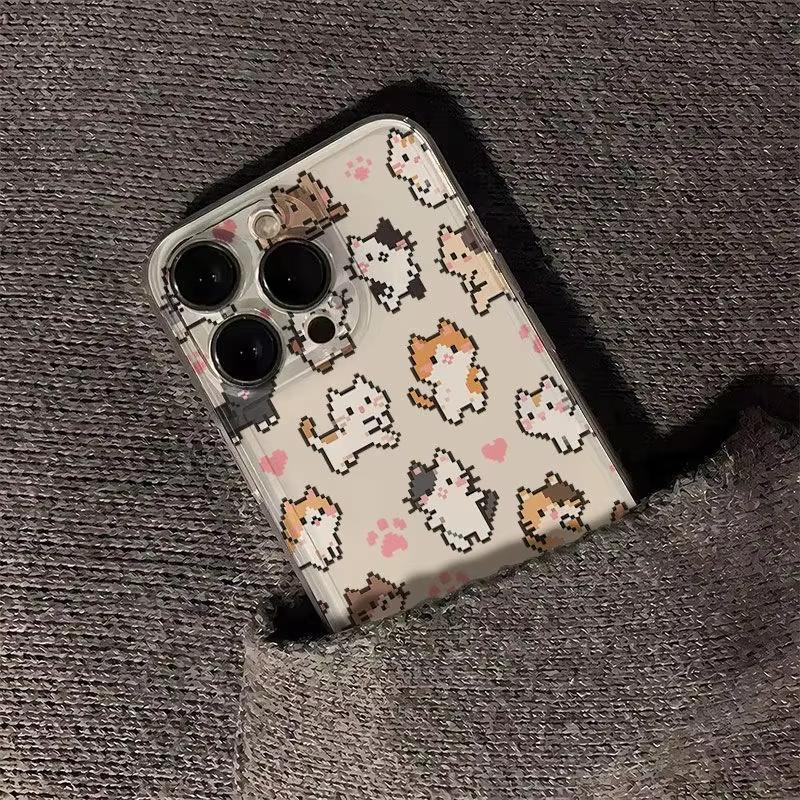 Pixel Style Cat and Paw Print Phone Case for iPhone 17 16 15 14 13 12 11 16E Series Pro Max Plus Double Layer Protection