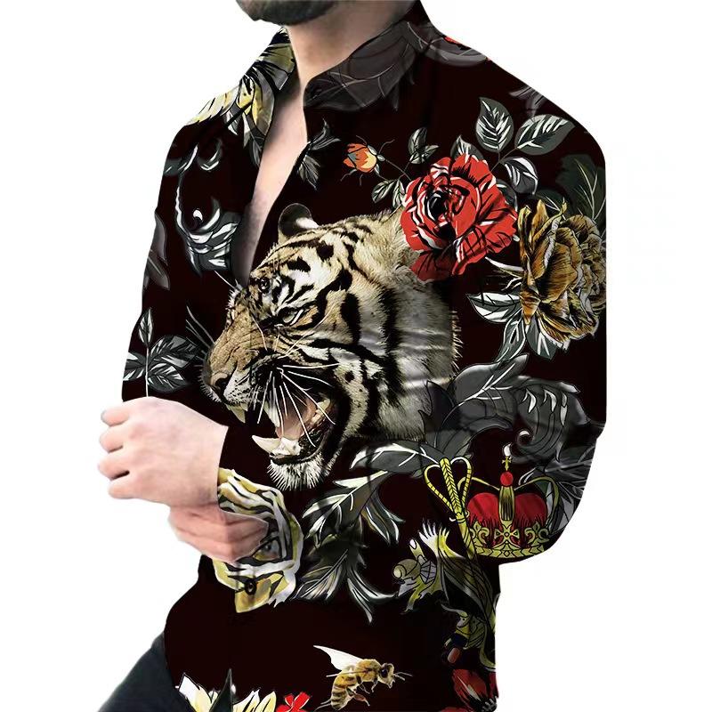 Новая мужская осенняя мужская рубашка с цветочным принтом Tiger и длинным рукавом