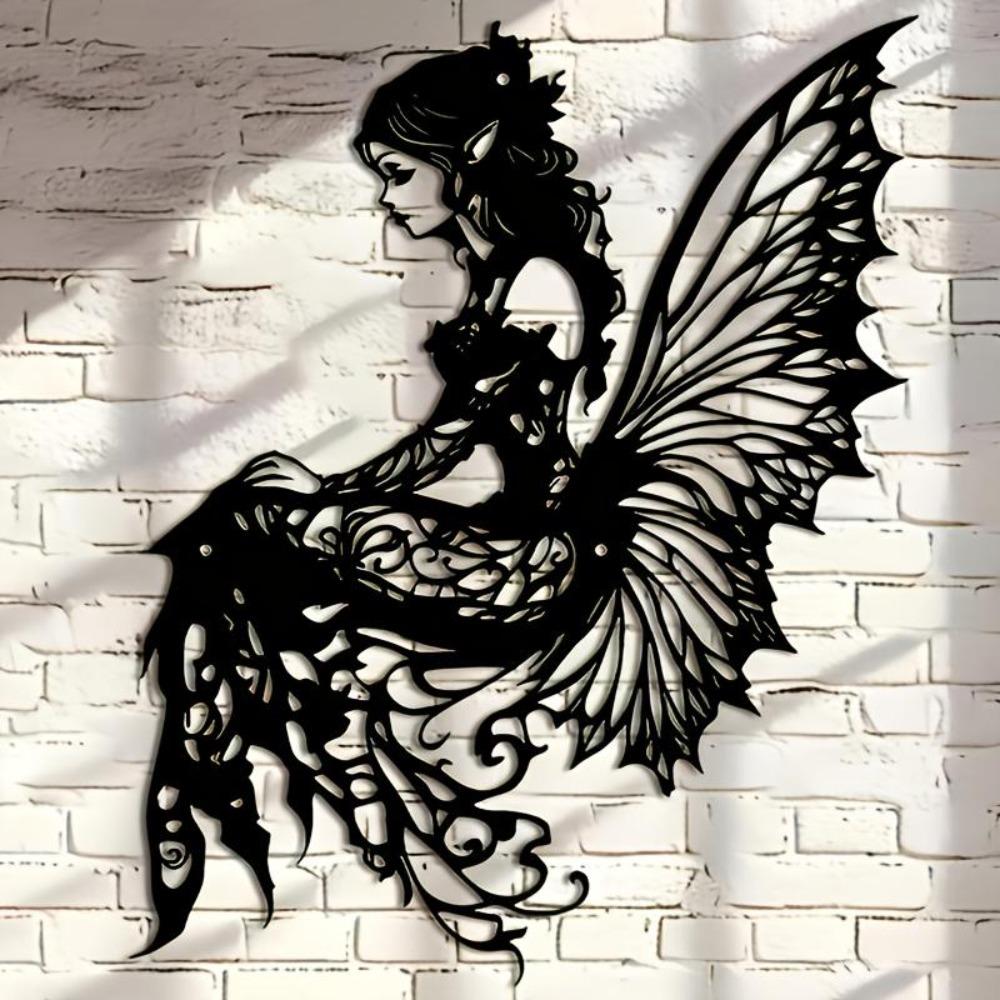 Art Deco Iron Wall Art Metal Sculpture Elf Silhouette Butterfly Wings Garden Patio Decor