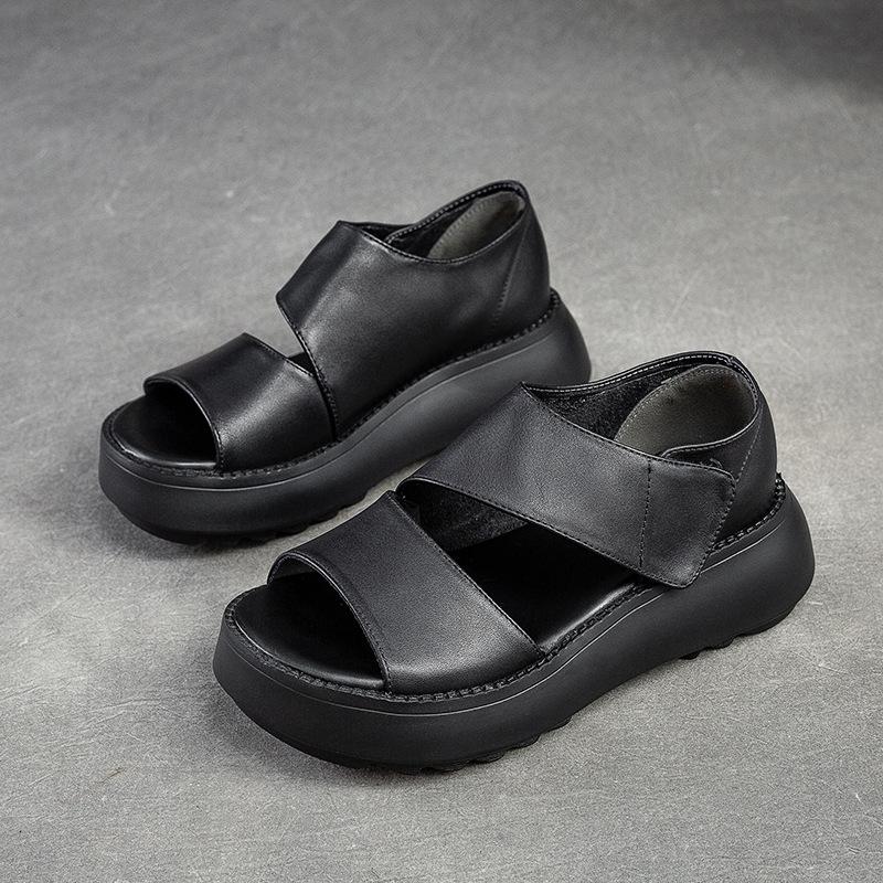 Women Sandals Thick Sole Peep Toe Platform Shoes Genuine Leather Vintage Comfortable Sandals
