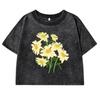 Желтые цветы Креативные принты Выстиранная футболка Женские приталенные хлопковые футболки с коротким рукавом Повседневные кроп-топы