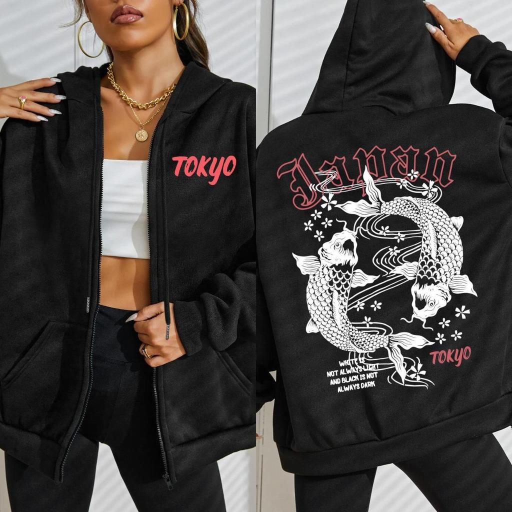 Япония Токио Харадзюку Худи с принтом карпов кои Женские Мягкие Спортивные Костюмы Уличные Толстовки на Молнии Осень Флис Повседневная Спортивная Одежда