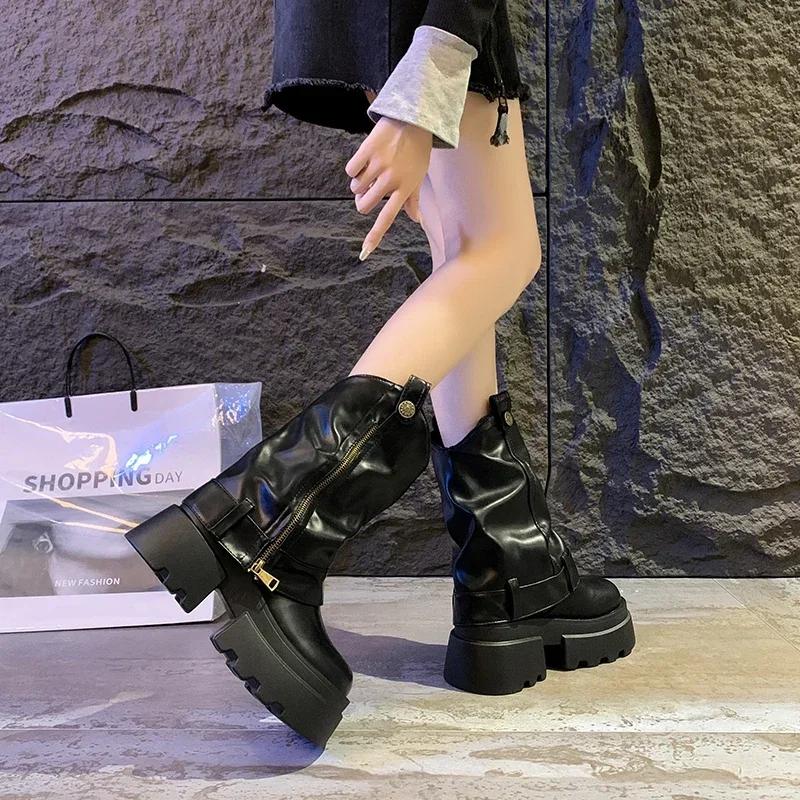6CM Soft Leather Ankle Mid Calf Boots Winter Autumn High Platform Wedge Modern Booties Woman New Ladies Chunky Motorcycle Boots