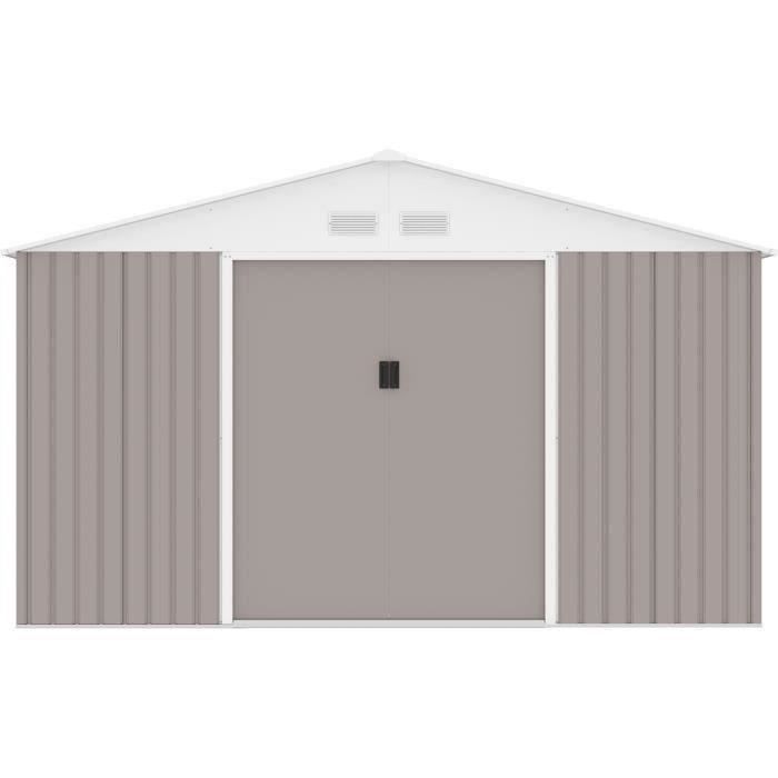 Metal Garden Shed 12.99 M² - 340 X 382 X 210 Cm - NEPTUNE - Anchoring Kit Included, 2 Sliding Doors - Taupe