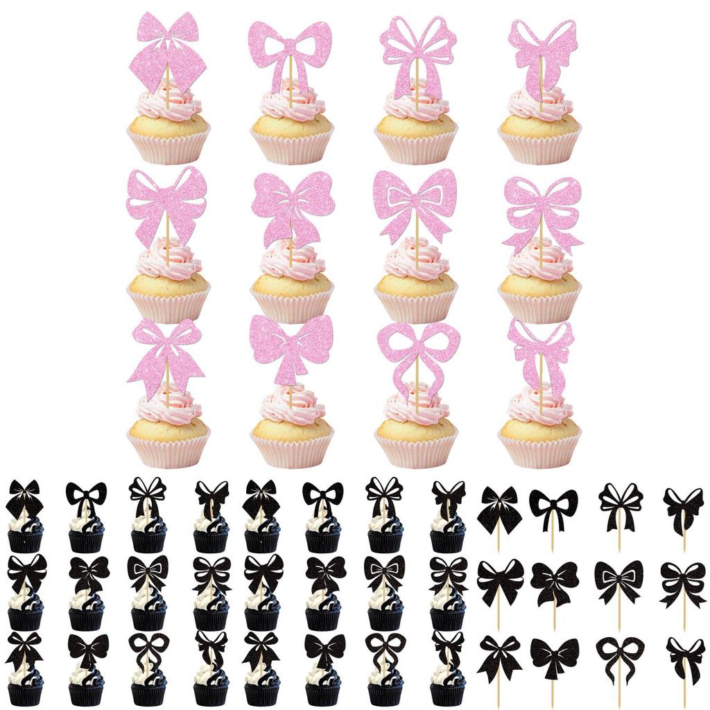 Birthday Party Cake Decoration With Gold Glitter Paper Bows And Flags For Festive Celebration