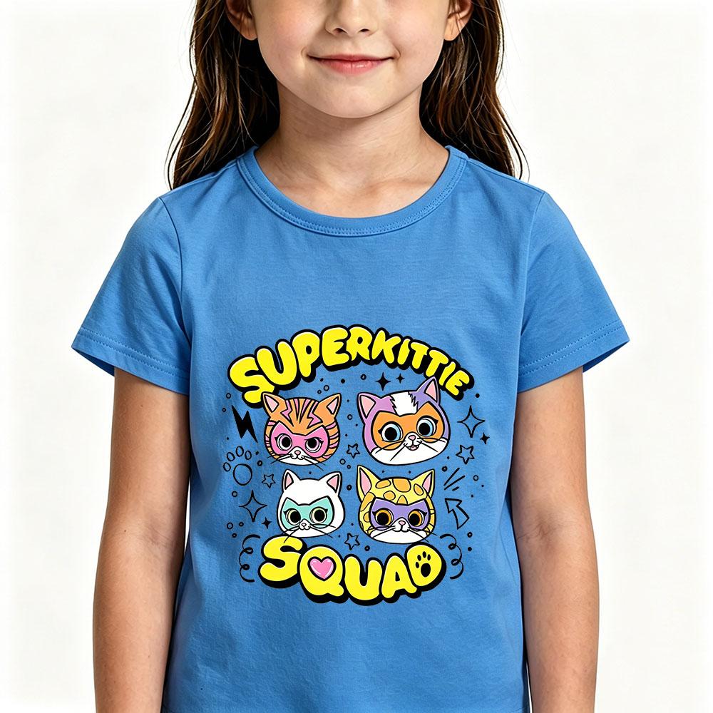 Children's Cotton T-shirts SuperKitties Cartoon Print Kids Short Sleeve Cute Boys Girls 2-12Y Tees Casual Crew Neck Tops Summer