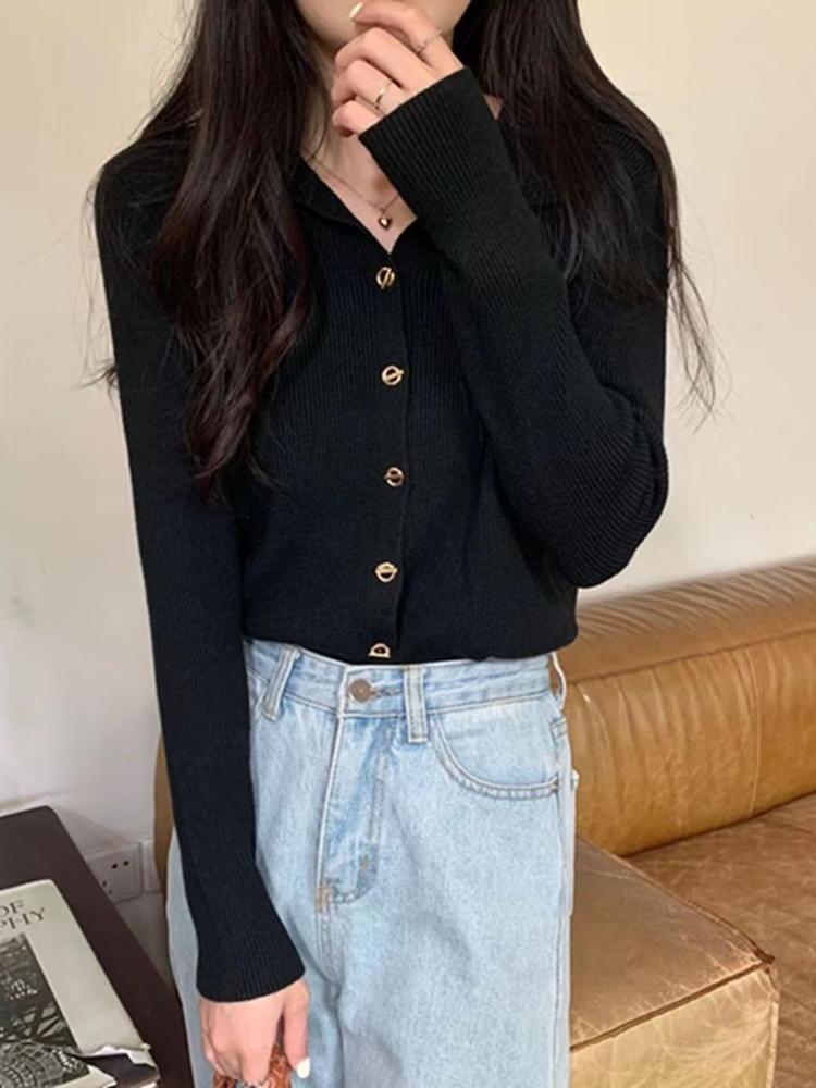 Французский элегантный лацкан вязаный свитер кардиган женский весна осень винтажная однотонная рубашка поло корейский шик под базовый слой одежды