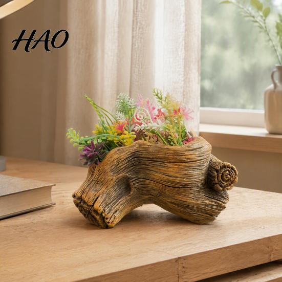 Natural Wood Grain Style Plant Pots Resin Tree Stump Flowerpot for Succulents Small Plants, Imitation Planter Compact Leafy Plants Indoor Home Office