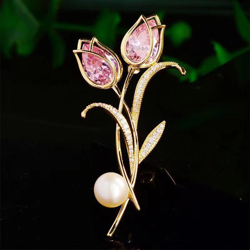 Zircon Tulip Flower Pearl Brooches For Women Sweet Floral Lapel Pins Banquet Party Clothes Corsage Jewelry Gift