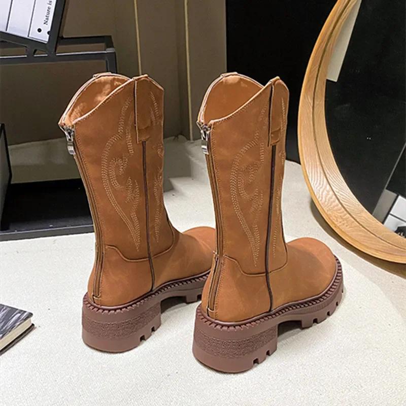 Ретро Вышитые Ботильоны на Массивной Платформе Женские Зимние Кожаные ПУ Ботинки на Молнии для Женщин Нескользящие Ковбойские Ботильоны