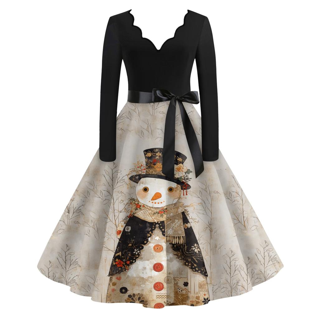 Женское повседневное модное платье с V-образным вырезом и длинными рукавами в стиле ретро с рождественским принтом