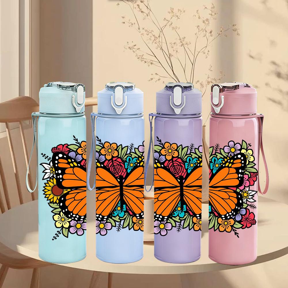 1PC Monarch Butterfly Floral 750ml Color Plastic Sports Water Bottle Leakproof Flip Straw Lid Suitable for Sports Office Home Use