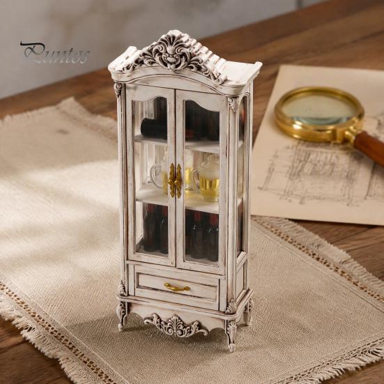 European Style Doll Mansion Accessory Miniature Curio Cabinet, 1/12 Scale Mini Wine Wooden Tiny Display Cabinet with Retro Storage Shelf Drawer,