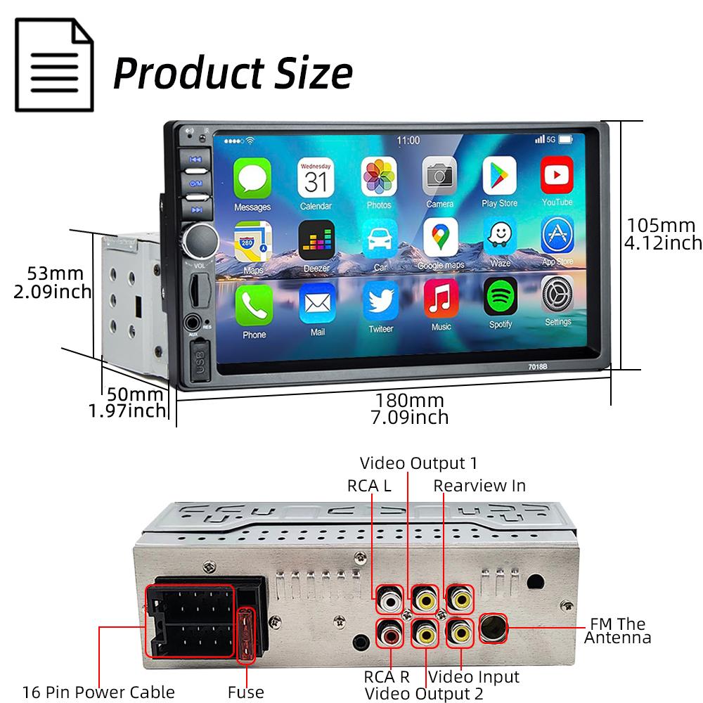 HIPPBQCC 1 DIN Автомагнитола 7" Carplay Android Auto Мультимедийный плеер HD Сенсорный экран FM AUX Вход Bluetooth MirrorLink Автомагнитола
