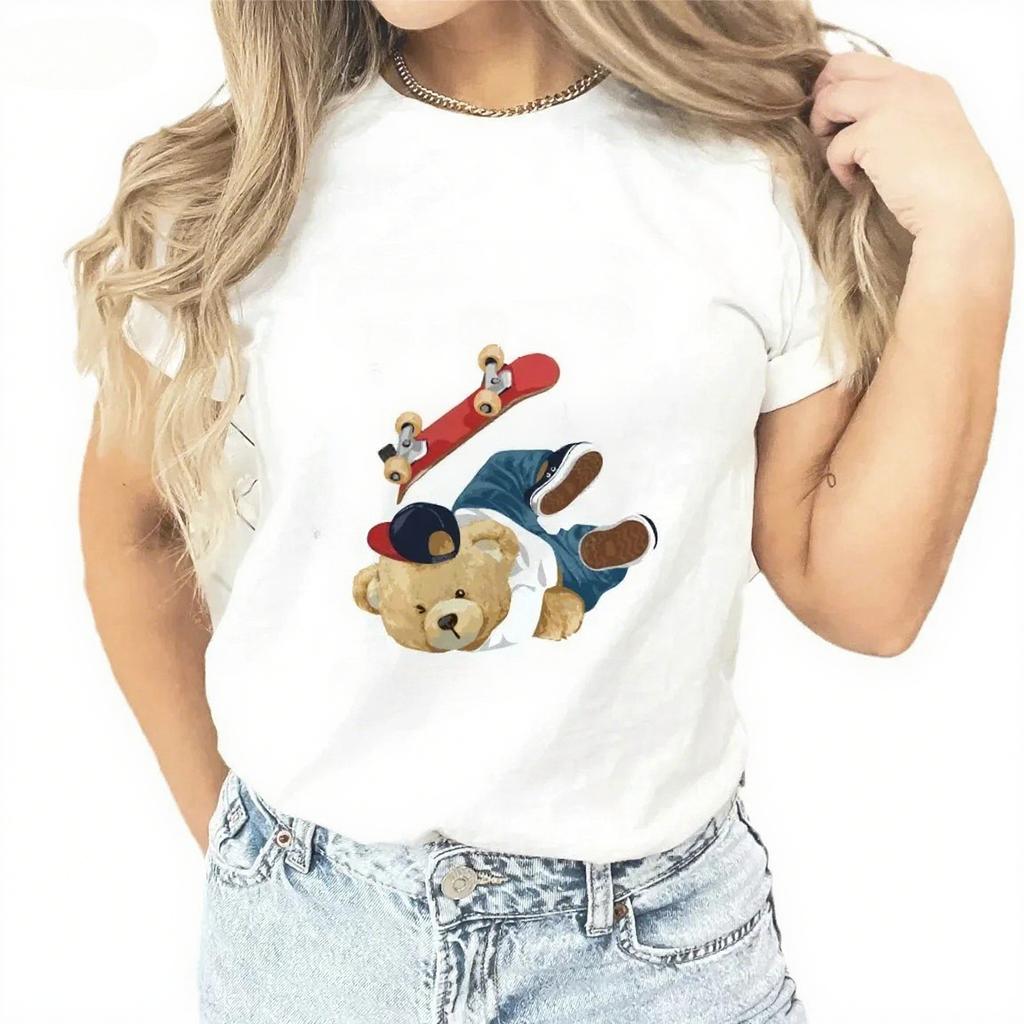 Летний топ с круглым вырезом и принтом в виде плюшевого мишки, модная повседневная женская футболка с коротким рукавом из чистого хлопка
