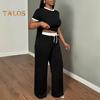 Women's Summer 2 Piece Outfit Round Neck Short Sleeve Crop Top Drawstring Wide Leg Pants Set Casual Tracksuit Lounge Set
