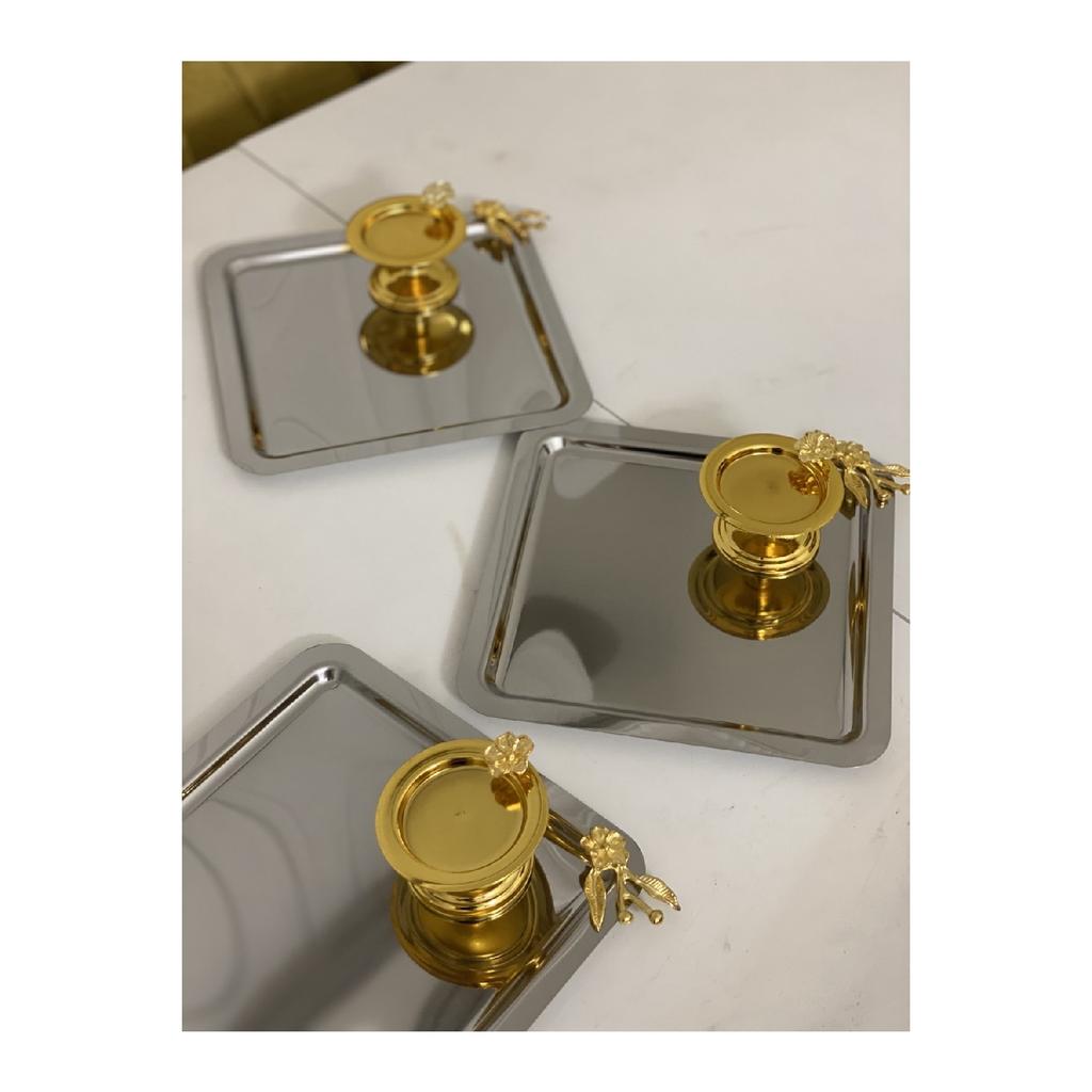 3-piece Steel Square Presentation Tray With Japanese Rose And 3-piece Gold Macaron Holder Japanese Rose