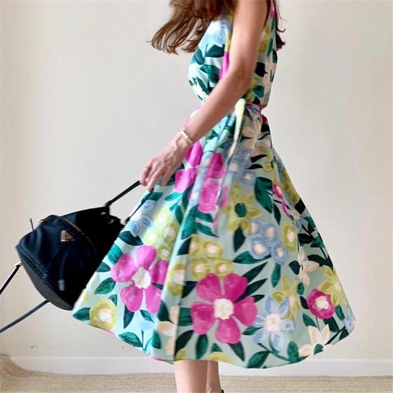 Женское платье свободного покроя с цветочным принтом, без рукавов, с круглым вырезом, длиной до середины голени, повседневное длинное платье больших размеров, новое модное женственное платье для женщин