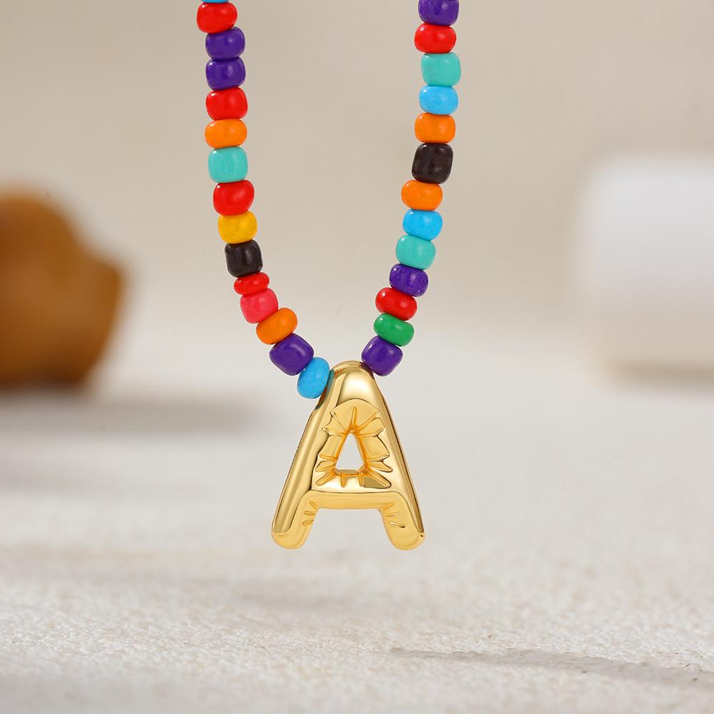 Colorful Beads Letter Choker Necklace for Women 18K Gold Plated 26 Alphabet Initial Pendant Necklace Boho Jewelry Accessories