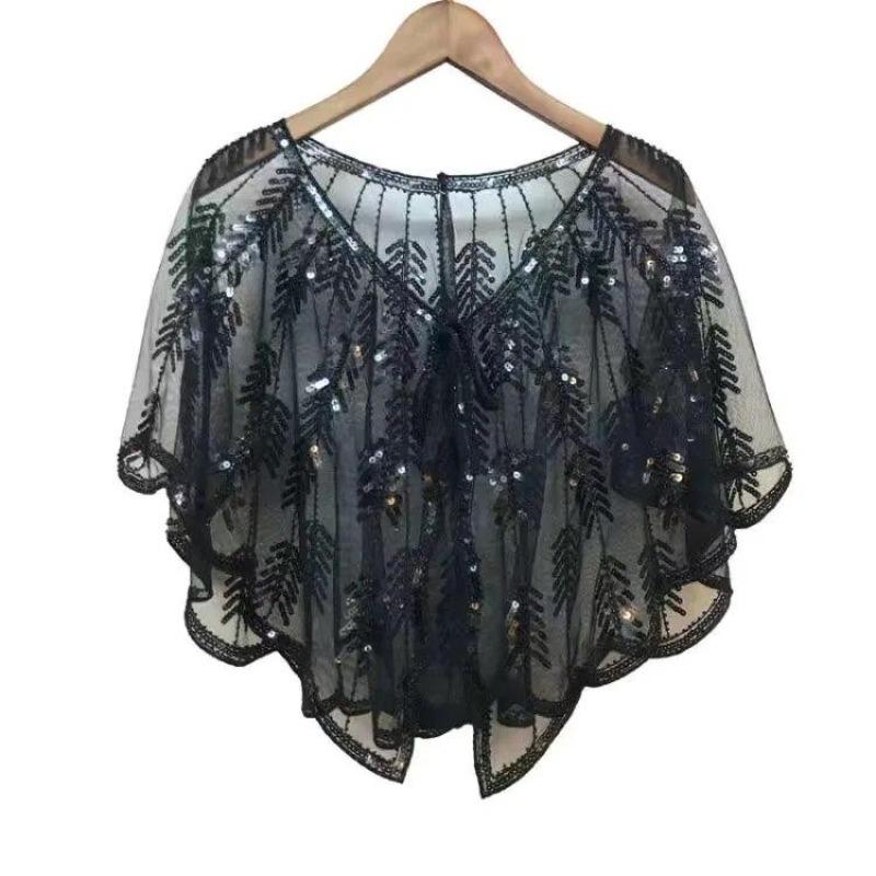 Ретро 1920-х годов, шаль с блестками и бисером, винтажная вечерняя накидка из прозрачной сетки с вышивкой в ​​виде листьев, женское болеро, аксессуары для вечеринок