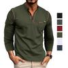 Men’s Long Sleeves Henley Shirts Cotton Pullovers Color Matching Knitted T-shirt Buttons Round Neck Breast-pocket Tops Stylish Daily Casual Menswear