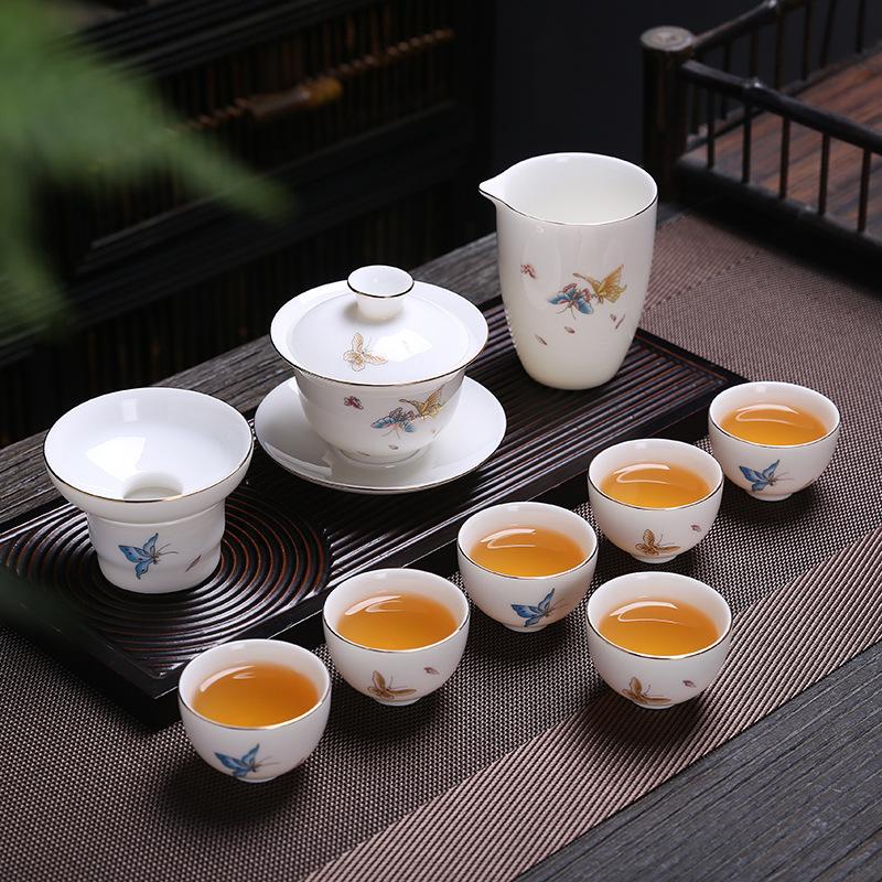 Ceramic white suet jade porcelain kung fu tea set for home use, business company event gifts, Guochao