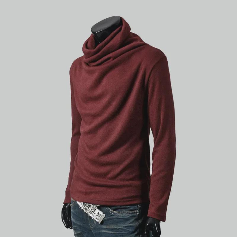 Мужская осенняя однотонная футболка Slim Fit с высоким воротником и длинными рукавами