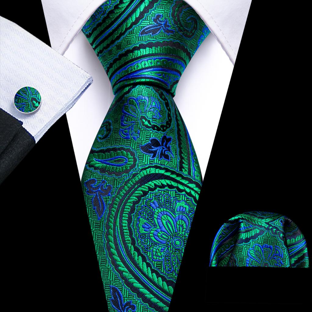 Barry.Wang Classic Tie for Men Woven Silk Striped Neckties Handkerchief Set Cufflinks Formal Casual