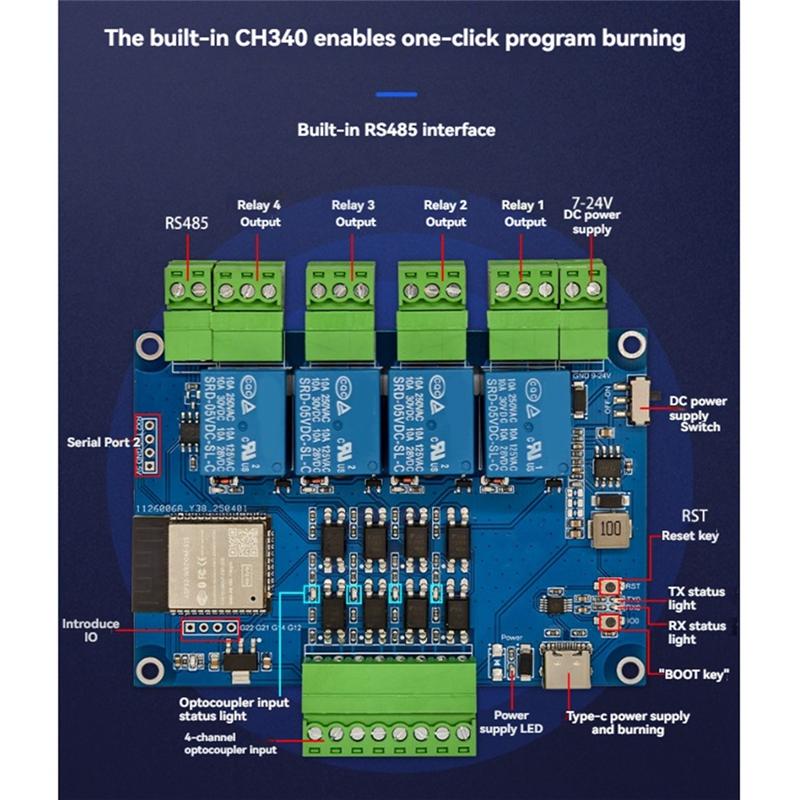 2025 Trend Wireless ESP32 RS485 Modbus Relay Module With 4 Channel, TYPE-C 7-24V, And CH340 For Modbus